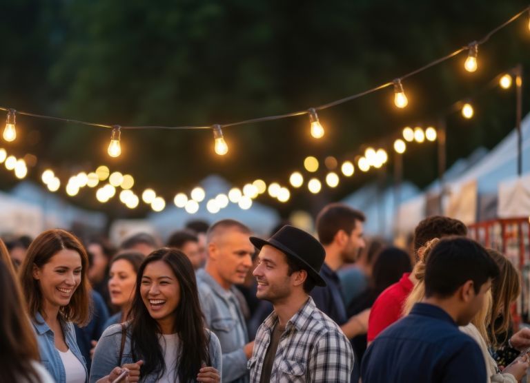 Menschen lachen zusammen bei einem Outdoor-Event