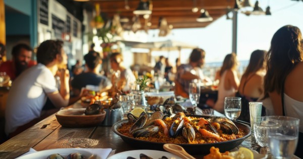 Checkliste Außengastronomie: Außenbereich eines Restaurants mit vielen Gästen und spanischem Essen