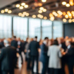 Checkliste Firmenevent planen: Viele festlich gekleidete Gäste unterhalten sich bei einem geschäftlichen Networking-Event in einer modern beleuchteten Location.