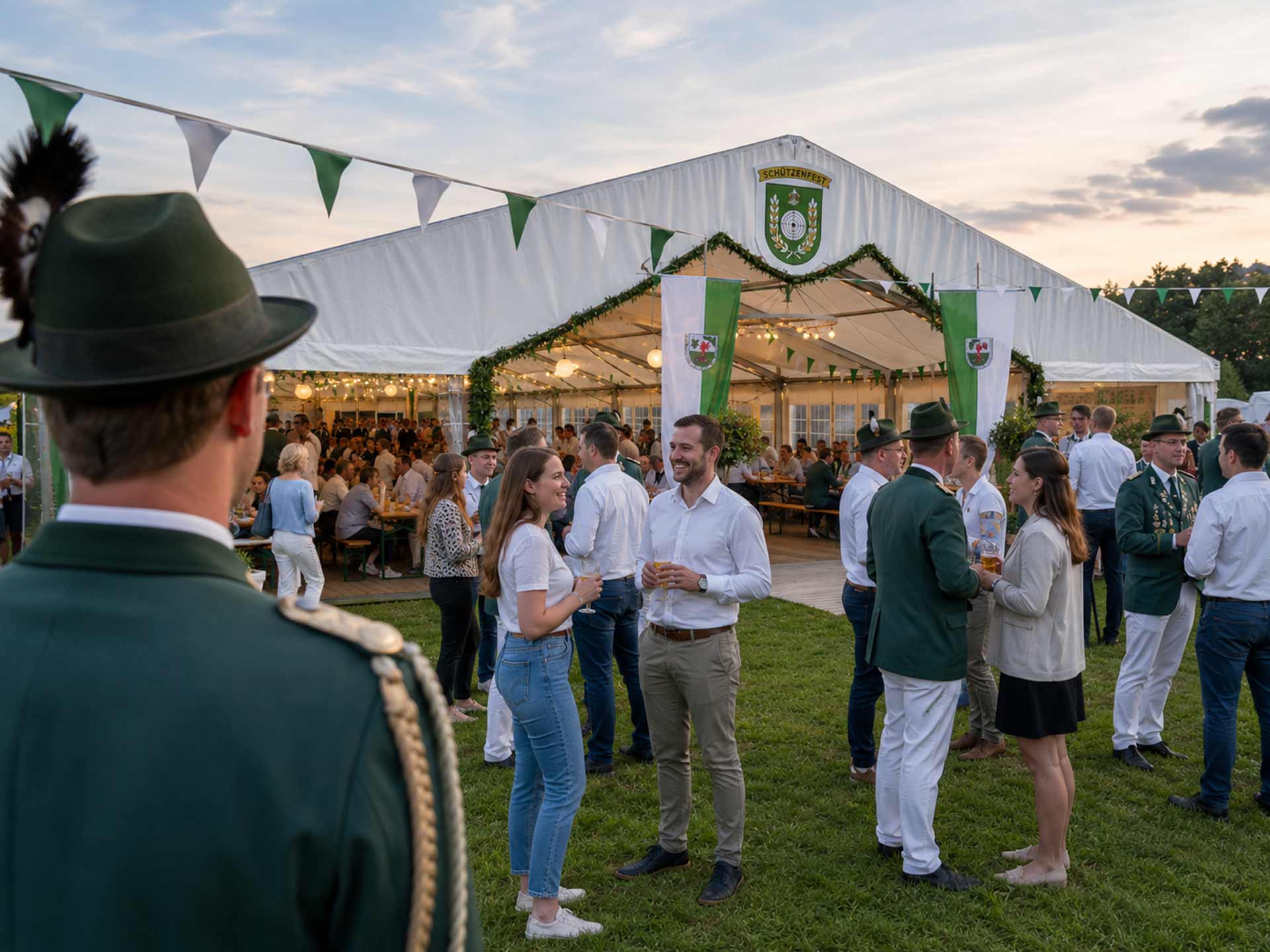 Checkliste Schützenevent planen: Eventzelt mit vielen Leuten, gekleidet in Schützenevent typischen Uniformen.