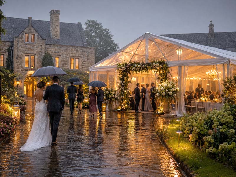 Hochzeit wetterfest planen Fehler: Brautpaar läuft im Regen zu ihrem Zelt.