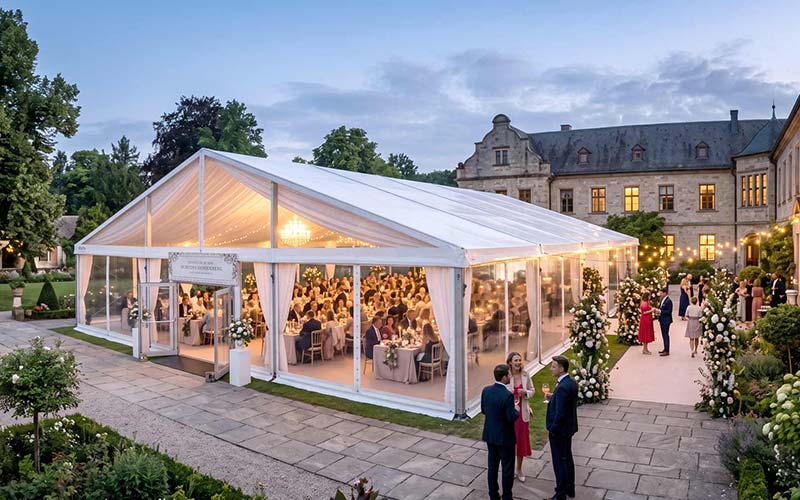 Hochzeit wetterfest planen Ideen: Wetterfestes Hochzeitszelt mit Gastronomie.