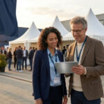 Checkliste Firmenevent planen: Eine Mitarbeiterin und ein Mitarbeiter stehen lächelnd mit einem Tablet vor weißen Eventzelten auf einem Firmengelände.
