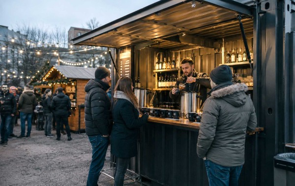 Checkliste Weihnachtsmarkt planen: Menschen stehen vor einem Glühweinstand und warten auf ihr Getränk
