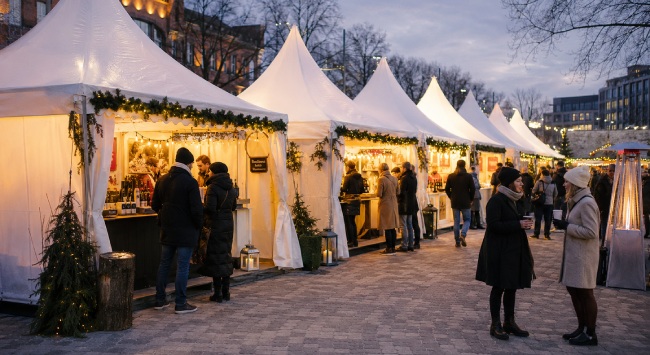 Checkliste Weihnachtsmarkt planen: verschiede Stände auf dem Weihnachtsmarkt mit Personen im Vordergrund