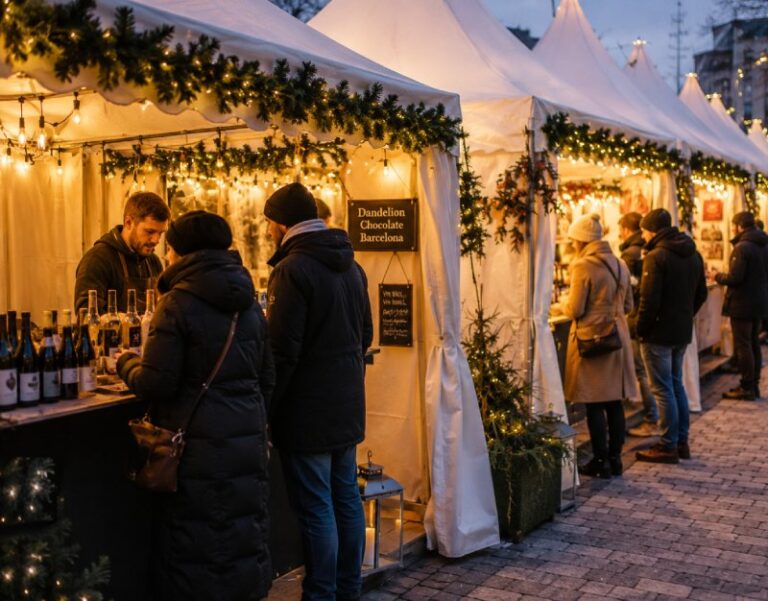 Weihnachtsmarkt Fehler: Menschen stehen vor verschiedenen Ständen auf dem Weihnachtsmarkt KI generiert