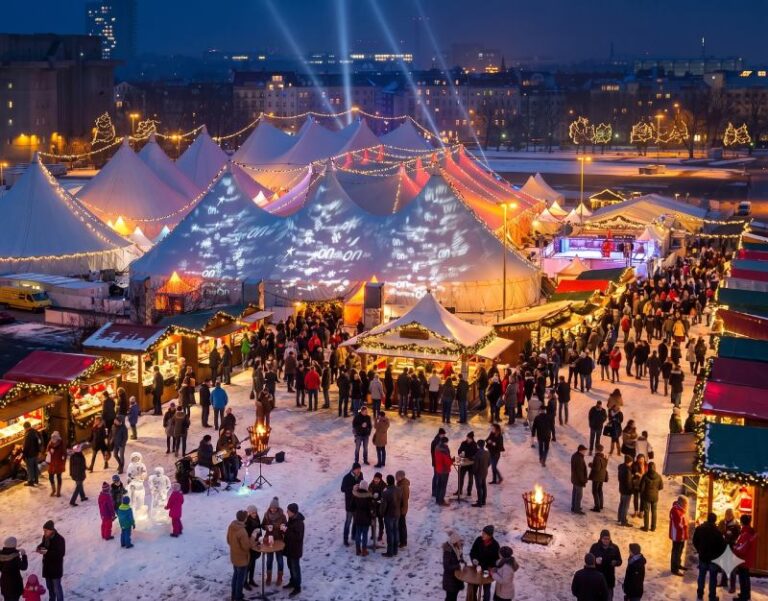 Ideen Weihnachtsmarkt: Voller Weihnachtsmarkt mit verschiedenen Ständen und beleuchteten Zelten