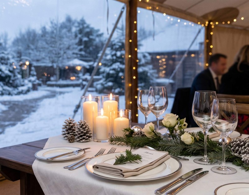 Außengastronomie Winter Ideen: fertig gedeckter Tisch in einem Außenbereich eines Restaurants