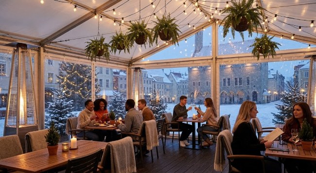 Checkliste Außengastronomie im Winter – Gäste sitzen gemütlich an Holztischen in einem beheizten, transparenten Winterzeltgarten mit Lichterketten, während draußen auf dem Marktplatz Schnee liegt.